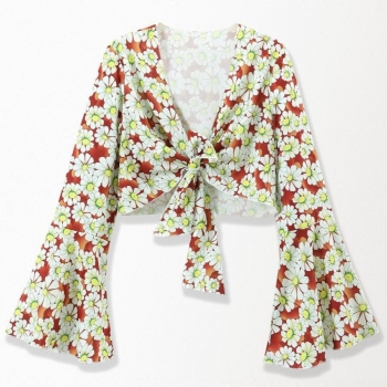 exquisite non-stretch v-neck floral batch printing lace-up chiffon top