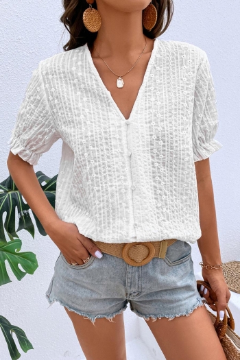 casual non-stretch solid color v-neck single-breasted lantern sleeve top