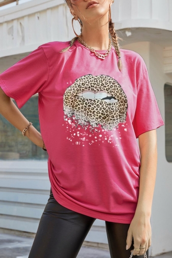 casual slight stretch leopard mouth  printing loose t-shirt