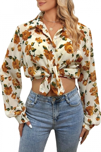 casual non-stretch chiffon flower batch printing lapel button blouses