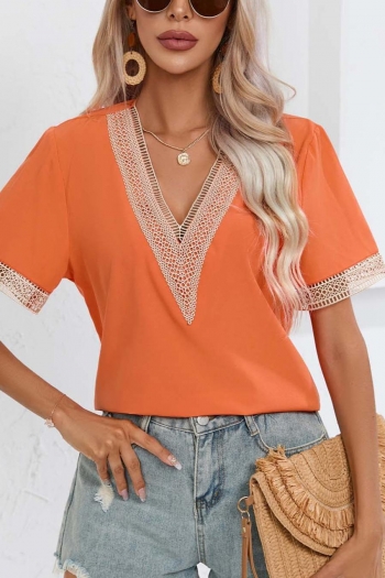 casual plus size non-stretch 6 colors orange v-neck lace decor all-match t-shirt
