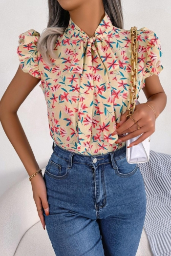stylish non-stretch floral batch print lace-up ruffle chiffon blouse