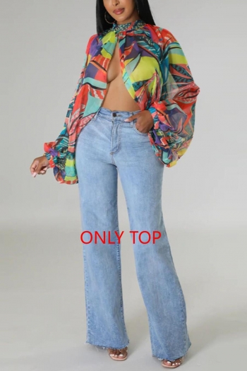 sexy plus size batch printing non-stretch chiffon bat sleeve lace-up blouse