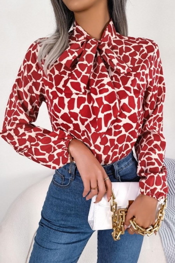 casual non-stretch batch printing lace-up long sleeve chiffon blouse