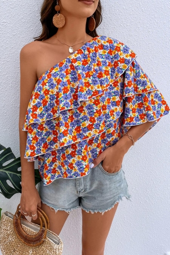 stylish non-stretch floral batch printing one-shoulder ruffles top
