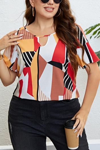 casual plus size non-stretch multi-color printing hollow loose top