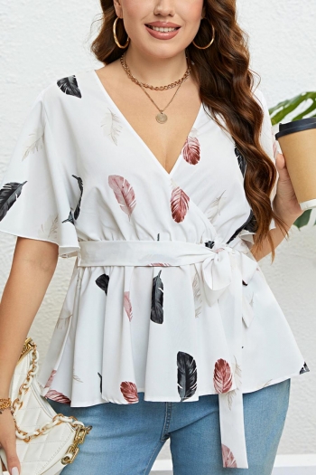 casual plus size non-stretch v neck feather printing loose top