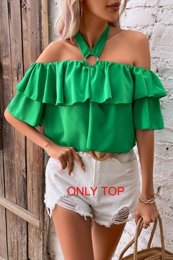 exquisite non-stretch solid color halter neck ruffles crop top