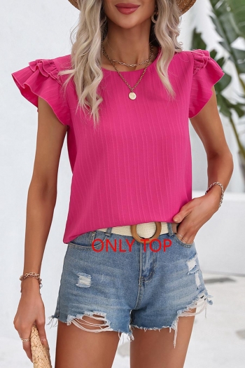 casual slight stretch solid color crew neck ruffle t-shirts