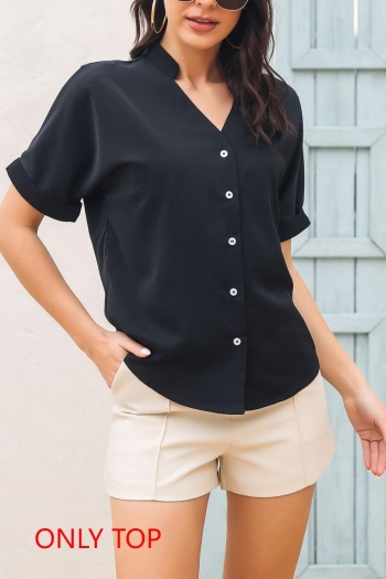 casual slight stretch simple roll up sleeves stand collar shirt