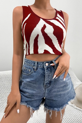 exquisite stretch ribbed knit zebra pattern crew neck tank top