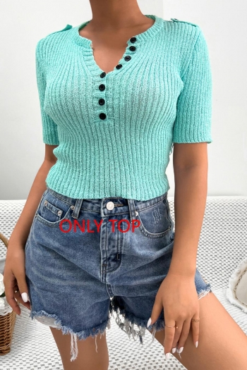 casual slight stretch ribbed knit button crew neck top