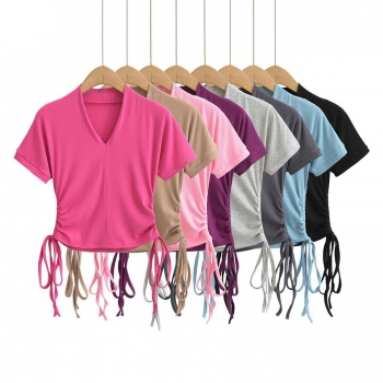 stylish slight stretch solid color v-neck drawstring slim t-shirt size run small
