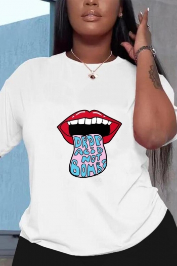 casual plus size slight stretch lip & letter fixed printing cotton t-shirt
