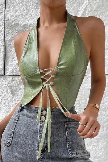 sexy non-stretch solid color pu halter neck backless slim lace-up vest