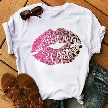 casual plus size slight stretch lips printing loose short sleeve t-shirt