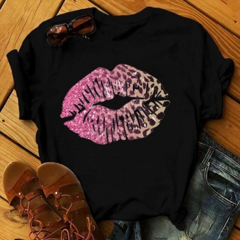 casual plus size slight stretch lips printing loose short sleeve t-shirt#2