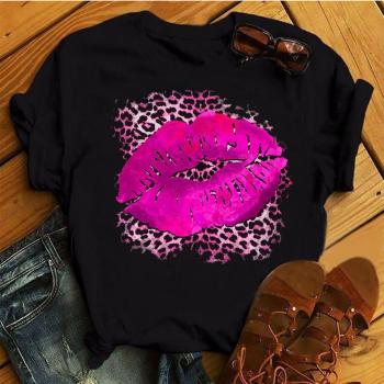 casual plus size slight stretch leopard lips print loose short sleeve t-shirt#1