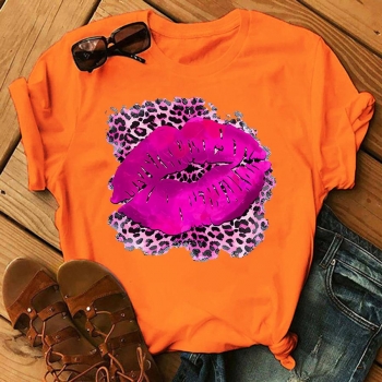 casual plus size slight stretch leopard lips print loose short sleeve t-shirt#2