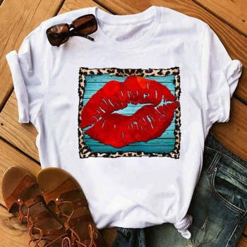 casual plus size slight stretch square frame lips print short sleeve t-shirt