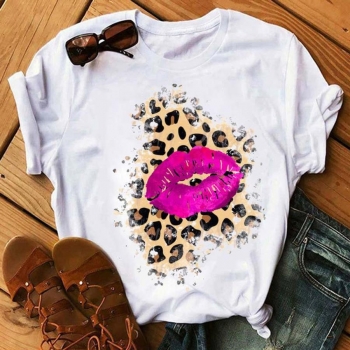 casual plus size slight stretch leopard lips print loose short sleeve t-shirt#3
