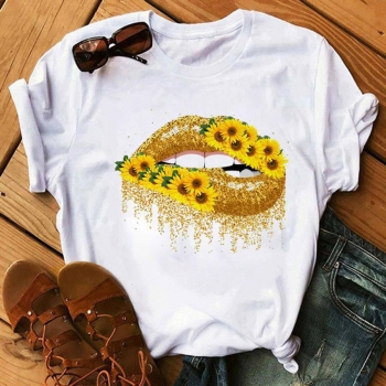 casual plus size slight stretch sunflower lips print loose short sleeve t-shirt