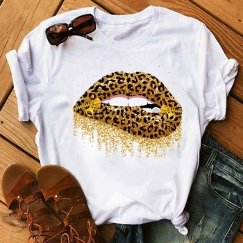 casual plus size slight stretch leopard lips print loose short sleeve t-shirt#4