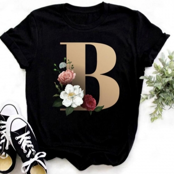 casual plus size slight stretch letter 'b' floral print short sleeve t-shirt