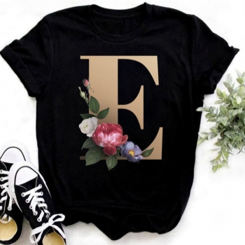 casual plus size slight stretch letter 'e' floral print short sleeve t-shirt