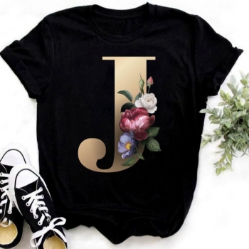 casual plus size slight stretch letter 'j' floral print short sleeve t-shirt
