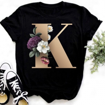 casual plus size slight stretch letter 'k' floral print short sleeve t-shirt