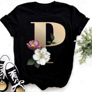 casual plus size slight stretch letter 'p' floral print short sleeve t-shirt