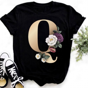 casual plus size slight stretch letter 'q' floral print short sleeve t-shirt
