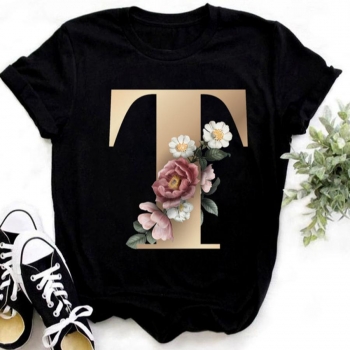 casual plus size slight stretch letter 't' floral print short sleeve t-shirt