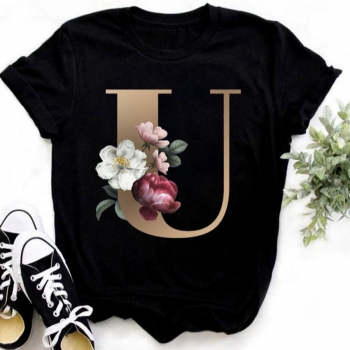 casual plus size slight stretch letter 'u' floral print short sleeve t-shirt