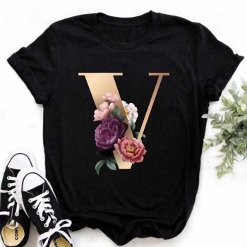 casual plus size slight stretch letter 'v' floral print short sleeve t-shirt