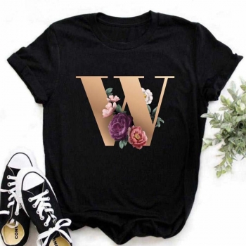 casual plus size slight stretch letter 'w' floral print short sleeve t-shirt