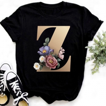 casual plus size slight stretch letter 'z' floral print short sleeve t-shirt