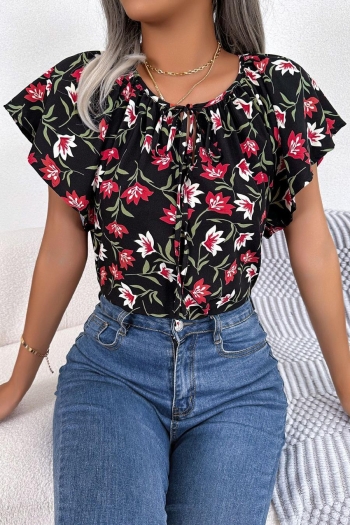 stylish non-stretch floral batch printing crew neck loose blouse
