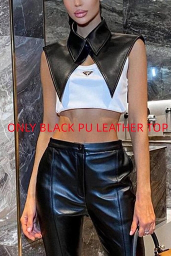 sexy non-stretch pu leather turndown collar irregular top(only pu leather top)