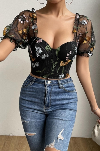sexy slight stretch flower embroidery with boned puff sleeves top
