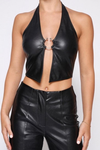 sexy slight stretch pu leather halter-neck ring linked all-match tank top