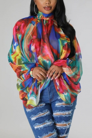 sexy plus size batch printing non-stretch chiffon bat sleeve blouse