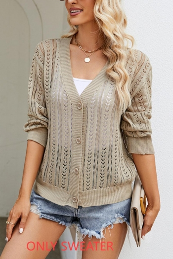 stylish solid color cutout knitted stretch single-breasted all-match sweater