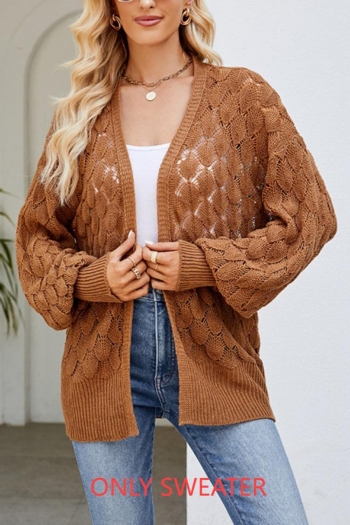 stylish knitted stretch solid color hollow long sleeve loose cardigan sweater