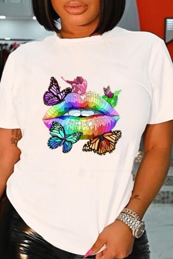 casual plus size slight stretch butterfly & lip printing cotton t-shirt