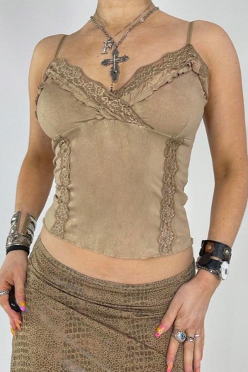 sexy slight stretch sling lace suede fabric stitching slim vest