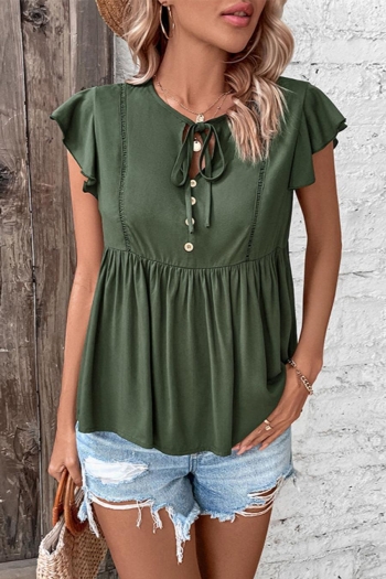 casual non-stretch ruffle shirring button lace-up blouses
