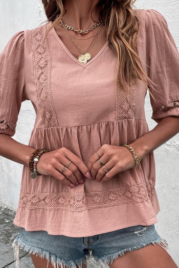 casual non-stretch hollow shirring loose lace blouses