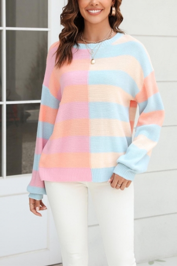 casual slight stretch contrast stripe knitted long sleeve sweater#1#